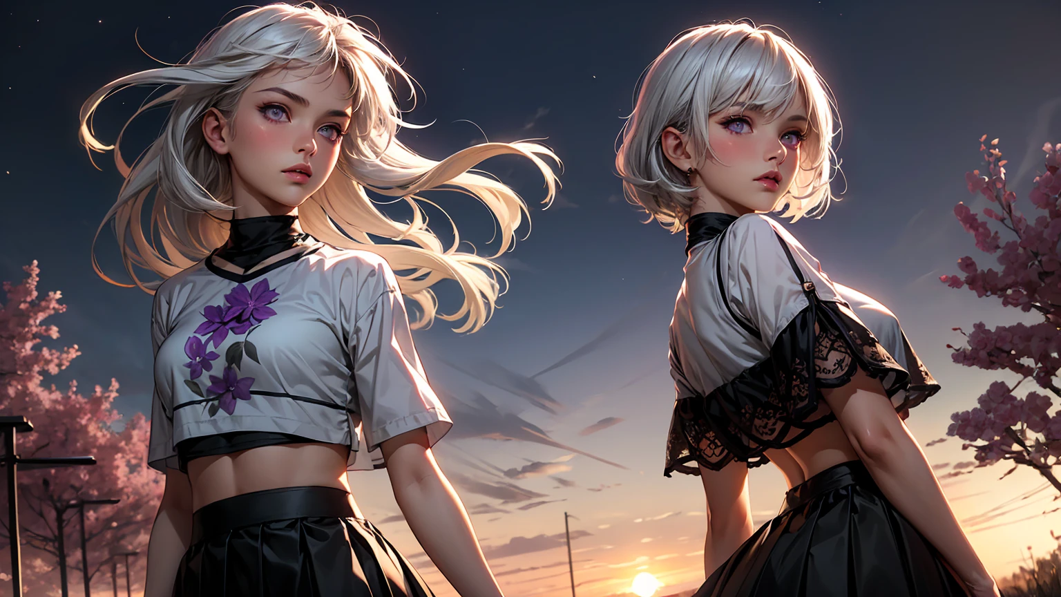 realistic, 1girl, white hair, purple eyes, glowing eyes, crop top, skirt, parted lips, blush, night, flowers, sun, sunlight,