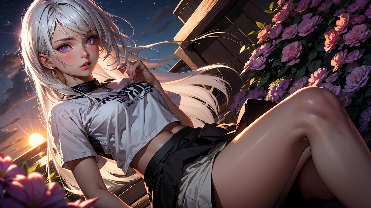 realistic, 1girl, white hair, purple eyes, glowing eyes, crop top, skirt, parted lips, blush, night, flowers, sun, sunlight,