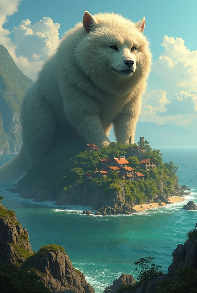 creates an image of an island with a strange creature with abundant fur and a village 
