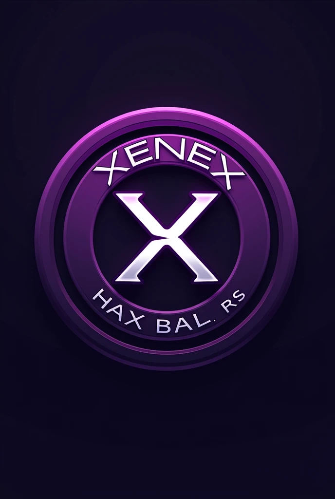 "Create a circular crest for a club named 'XENEX'. The crest should have a violet background with black accents. At the top curve of the circle, display the text 'XENEX' in a bold, elegant font. At the bottom curve, include 'Haxball | RS' in a smaller, complementary font. In the center of the circle, place a stylish, modern logo that represents the club's identity—this could be an abstract symbol or an emblem. Ensure the logo and text stand out against the violet background. The overall design should be sleek and polished, with clean borders and subtle details that enhance its contemporary look."