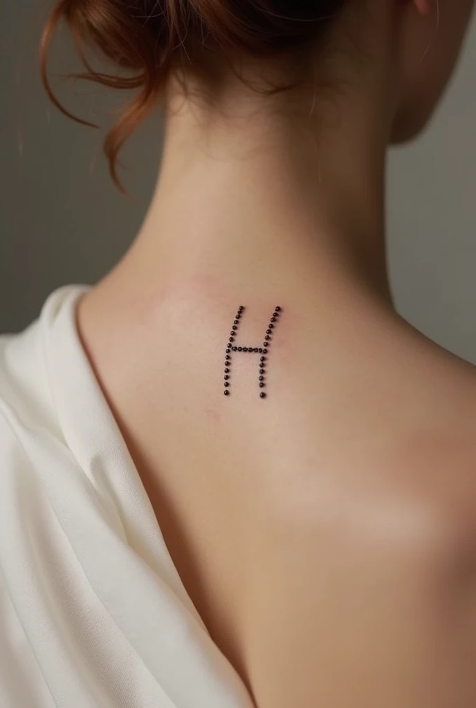 A small abstract minimalist tattoo with the initials of my name H on the neck the letters made with dots
