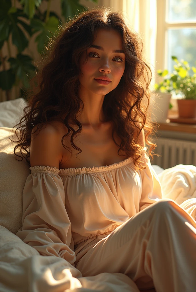 (photorealism:1.2), beautiful woman, sitting on bed, wearing loose off-shoulder top, pajama pants, long curly hair, indoors, soft lighting, plants in background, window with sunlight, cozy room, relaxed pose, realistic, intricate details, warm colors, by Greg Rutkowski, by Alphonse Mucha