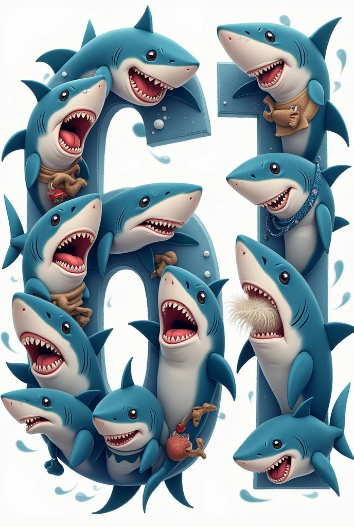 A number 61 filled with animated sharks dressed in different ways