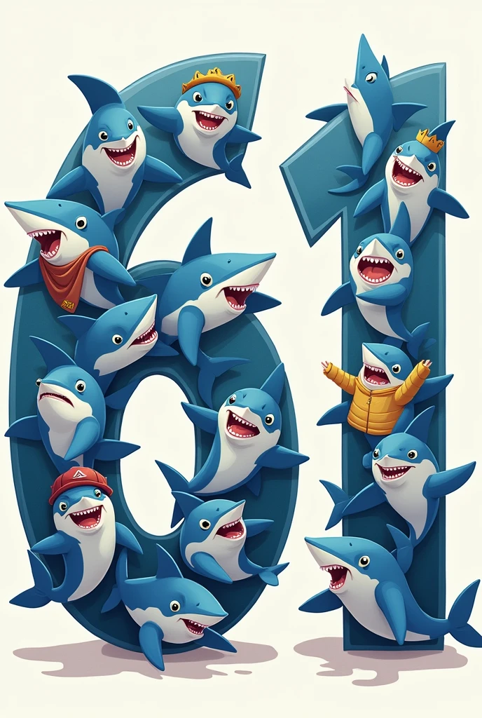 A number 61 filled with animated sharks dressed in different ways 