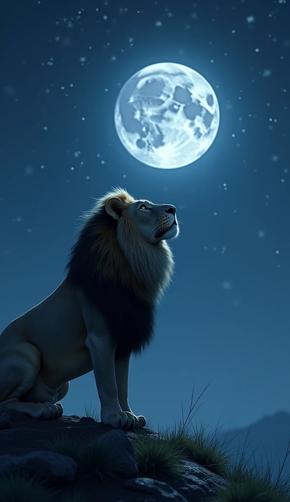 Create an 8k high-resolution, hyper-realistic image of a powerful lion gazing up at the night sky, illuminated by a bright, beautiful full moon. The lion, with its thick mane subtly glowing in the moonlight, should be positioned in a natural landscape—such as a grassy plain or rocky outcrop—enhanced by the soft, silvery light of the moon. The night sky should be clear, dotted with stars, with the full moon as the focal point. The overall atmosphere should be peaceful and majestic, emphasizing the lion's strength and serenity under the glowing moonlit sky.