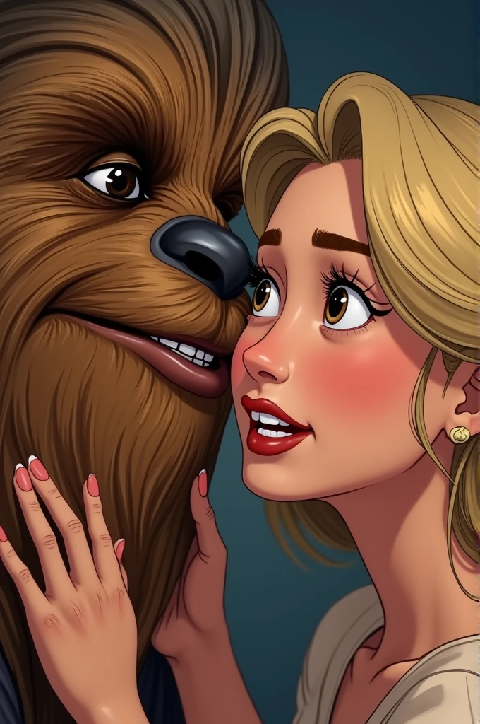 Image stylé Disney d’une jeune femme blonde ronde avec des yeux marrons et des longs cils qui retire le masque de Chewbacca de star wars 
