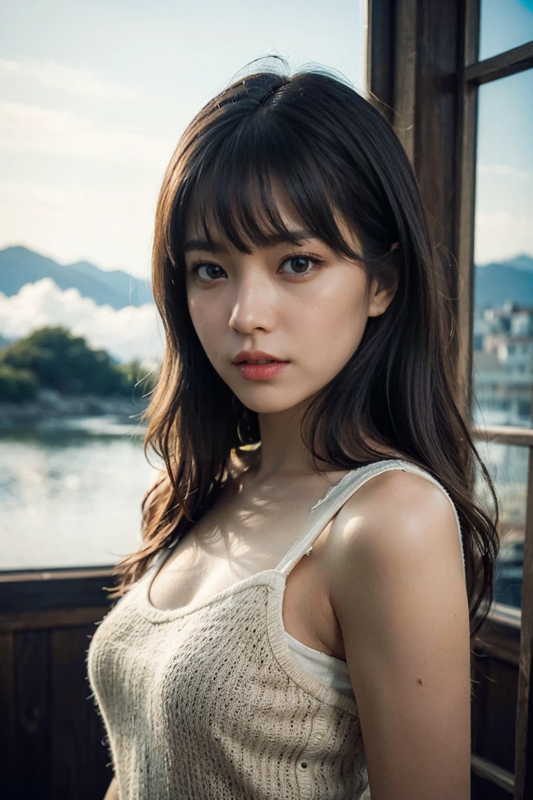 (最high quality), (Realistic, photo-Realistic:1.3), (masterpiece:1.3), CG, Unity, 8k, wonderful, In detail, Very detailed, High resolution, Absurd, (1 Girl), alone, cute, セクシーなボディ最high quality, masterpiece, 超High resolution, （live-action：1.3）, Original photo, （Nature Photography）, （Majestic mountain peaks、sea of clouds）, （Very wide summit）, （sunset）, （Girl）, （Upper Body）, （Natural light：1.0）, （Side view：0. 0), (Cowboy Shot: 0.0), (Upper Body: 1.8), (Close-up: 0.8), Portrait, Cinematic lighting, shine, Ray Tracing, reflected light, f135mm, uhd, correct, Skin Texture, Super Detail, Amazing details, high quality, 最high quality, 8k, (Surrealism: 1. 2）、BREAK、（Japanese：1.3）、（22 years old：1.0）、（Small breasts：1.2）、（Long, large, narrow eyes：1.8）、（Realistic eyes：1.8）、（160 cm height：1.2）、I&#39;m a little overweight、（Transparent white skin：1.2）、（Bright pink short curly hair with bangs：1. 3）、（Dark eyeshadow makeup：1.4）、BREAK、（The right move：1.6）、（Right fingertips：1.6）、Sexy pose、（Put your hand on your cheek：1.8）、BREAK、（Big white headphones：1.4）、（Wearing an orange and white printed strapless dress：1.3）、BREAK、Seagull, young, (Looking at the audience), (Mouth closed:1.2),(Medium chest), Abstract, Very delicate and beautiful, Very detailed, Beautiful detailed girl, Best Shadow, Very detailed eyes and face, Beautifully detailed nose, Beautifully detailed by hand, beautiful, delicate and shiny lips:0.8, (Glowing skin on face and body), ((Oily body skin)), ((blonde)), Curly Hair,(High Top Fade:1.3), Dark Theme, Calm tone, Calm colors, High Contrast, (自然なSkin Texture, Hyperrealism, Soft Light, sharp),Exposure Blending, Medium Shot, Bokeh, (High resolution:1.4), High Contrast, (Cinematic, blue green and orange:0.85), (Calm colors, Dim color, Calm tone:1.3), Low saturation, (Noir:0.4)