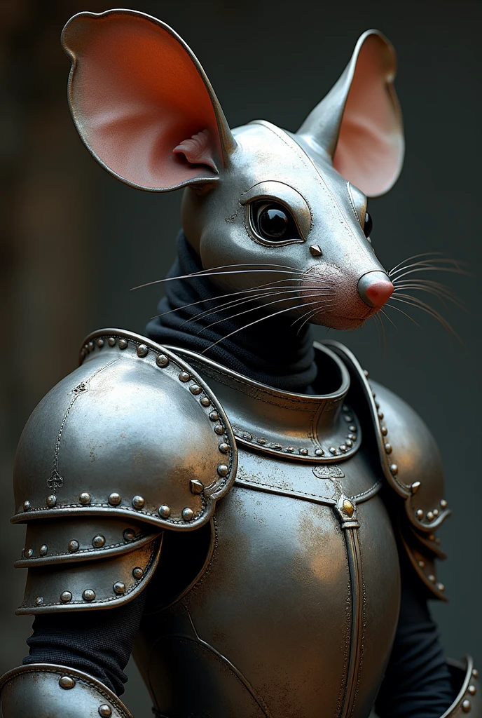 Invent me an armor that is placed on the shoulders in the shape of a mouse head that is the armor ,and invent for me a symbol or emblem that represents good and human life
