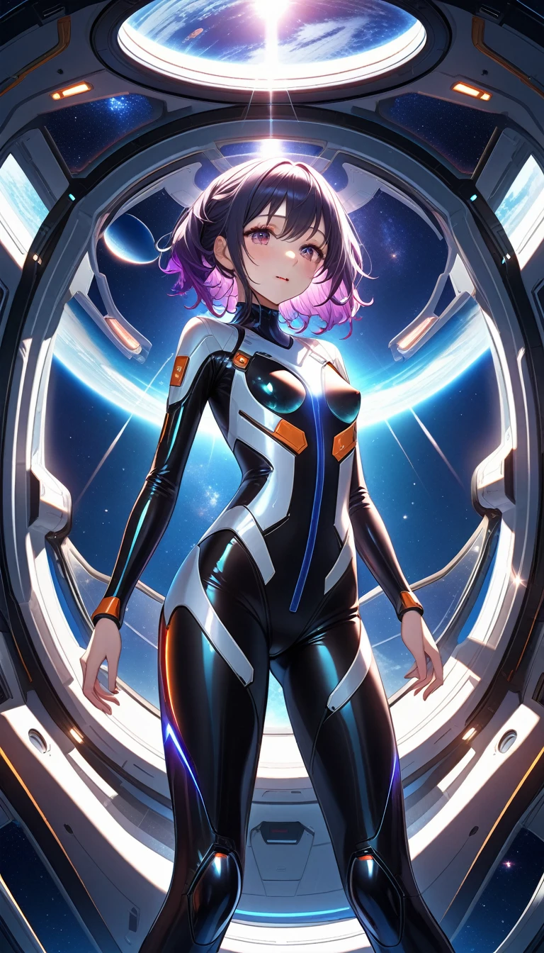nsfw, (Ultra highest resolution), (Ultra highest quality), (Very detailed), (Very fine textures and colors), (Very clear), (Natural and beautiful light and shadow), (Natural and precise composition), (Accurate and correct human anatomy), Space fantasy style, One girl, Transparent and tight fitting suit, Inside a space ship