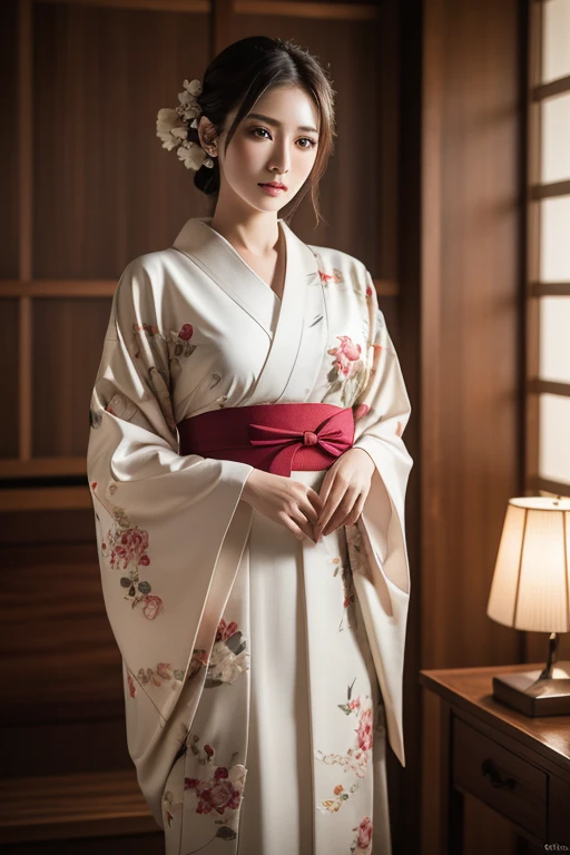 kimono, heart, (8k, RAW Photos, Highest quality, masterpiece: 1.2), (Realistic: 1.6), (masterpiece), (Highest quality: 1.0), (Ultra-high resolution: 1.0), detailed, 40s, One, detailed beautiful skin, detailed room, ,Realistic skin