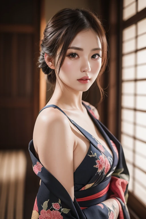 kimono, heart, (8k, RAW Photos, Highest quality, masterpiece: 1.2), (Realistic: 1.6), (masterpiece), (Highest quality: 1.0), (Ultra-high resolution: 1.0), detailed, 40s, One, detailed beautiful skin, detailed room, ,Realistic skin