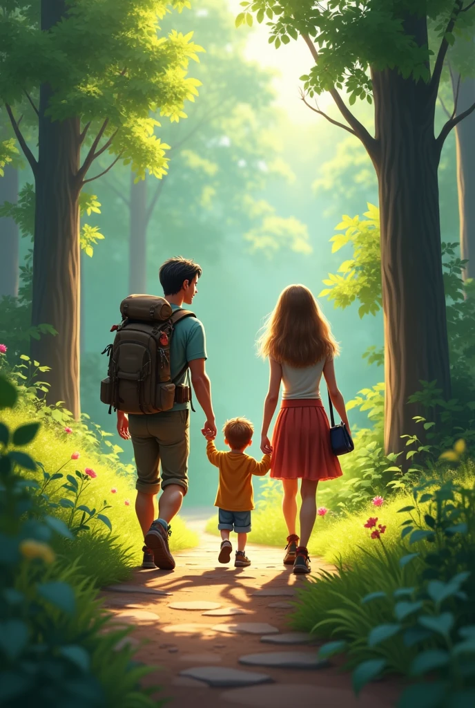 Dad, mom and son hiking in the woods