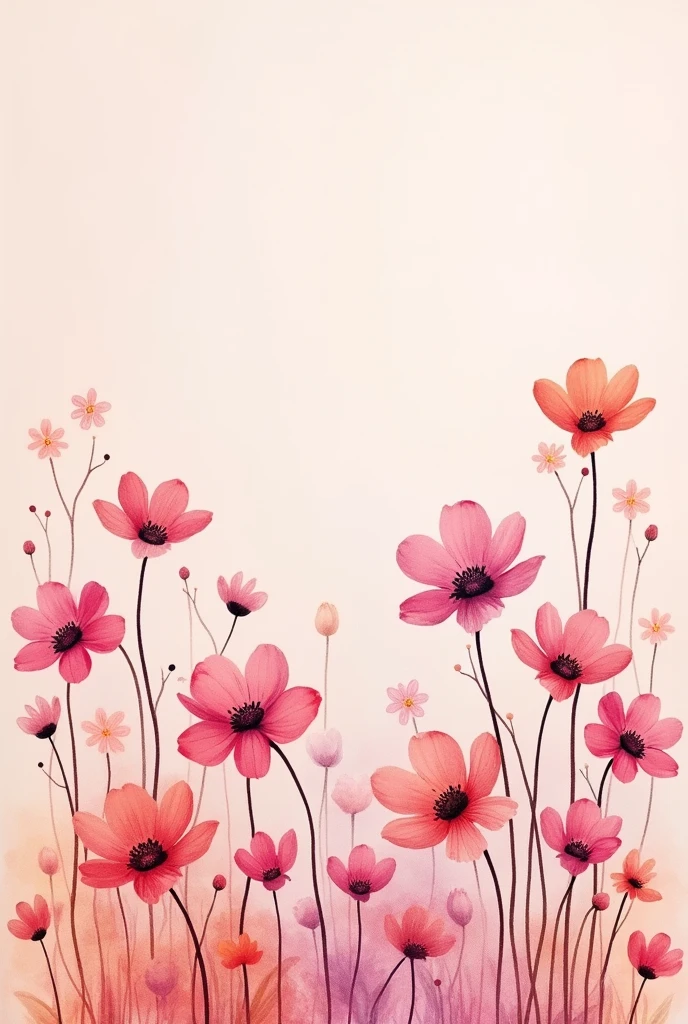 A water colour flowery print with tea pink colour background, and a lot small flowers in warm suitable contrast colours. no bunches, just small flowers in all image.
