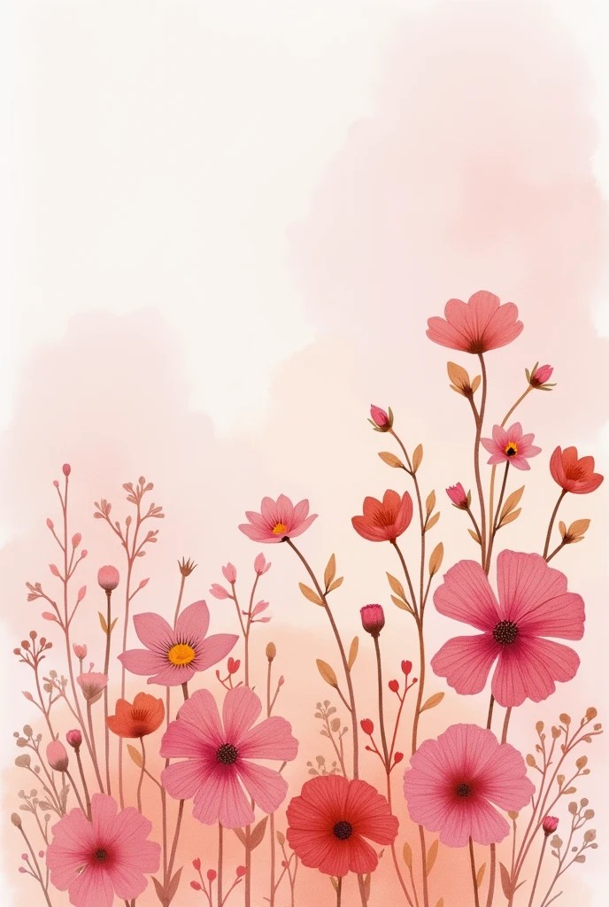 A water colour flowery print with tea pink colour background, and a lot small flowers in warm suitable contrast colours. no bunches, just small flowers in all image.