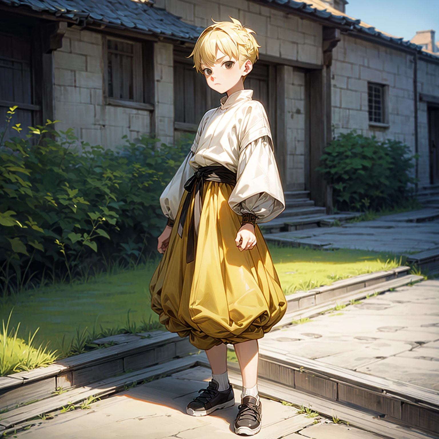 Solo character, full body version, ??? boy, black eyes, blonde color hair, undercut hair, short casual clothing, yellow color clothing, shoes, outdoor, village, medieval, morning, standing gesture, detailed background, detailed clothing, detailed hair, (one piece style art), (Bleach style art)