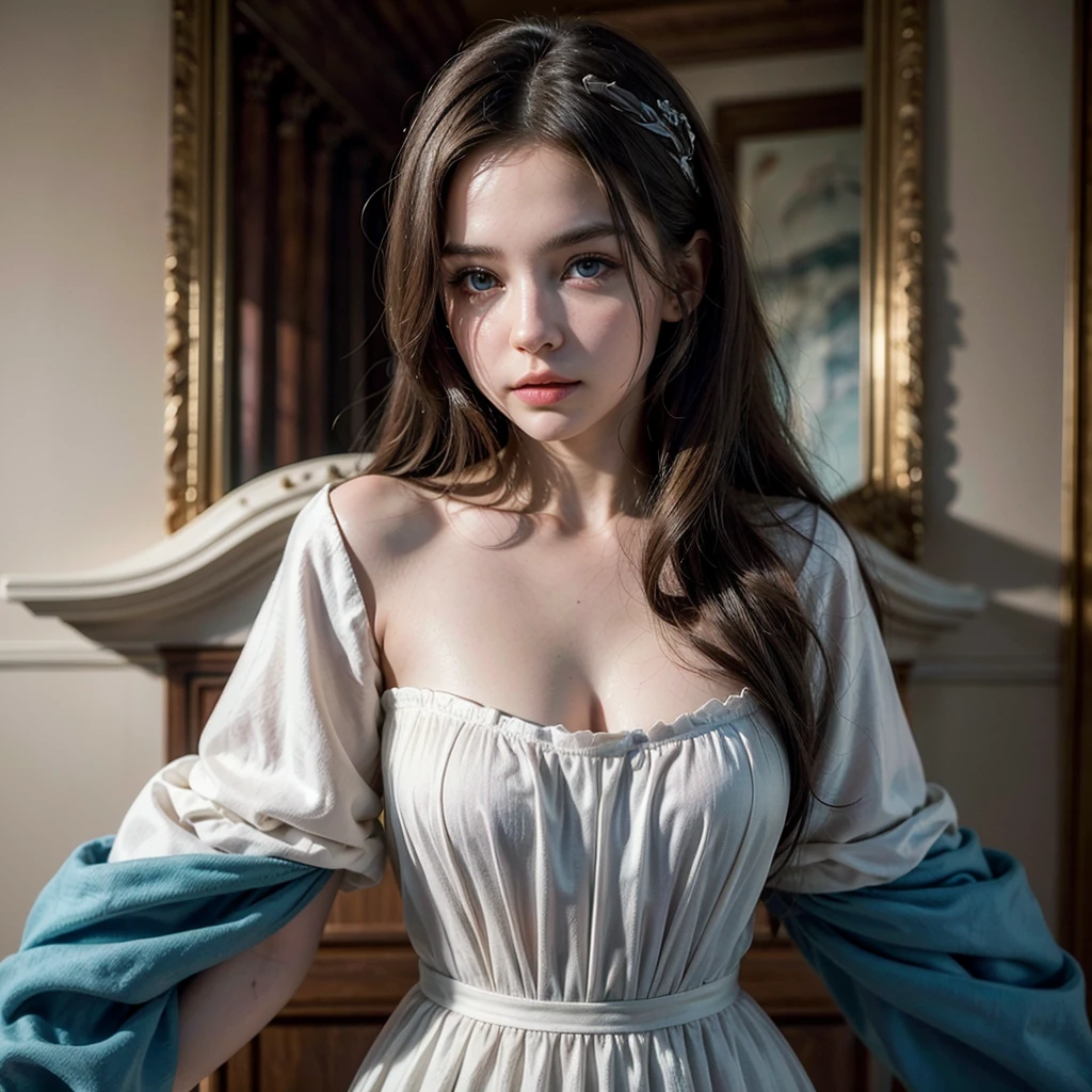 ((best qualityer)), ((work of art)), ((detailded)), a beautiful young woman, young white color, Long, wavy hair, dark brown hair, blue colored eyes, elegant outfit, elegant pose, top quality picture, super realistico, 8 k quality, ultra realisitic, face picture