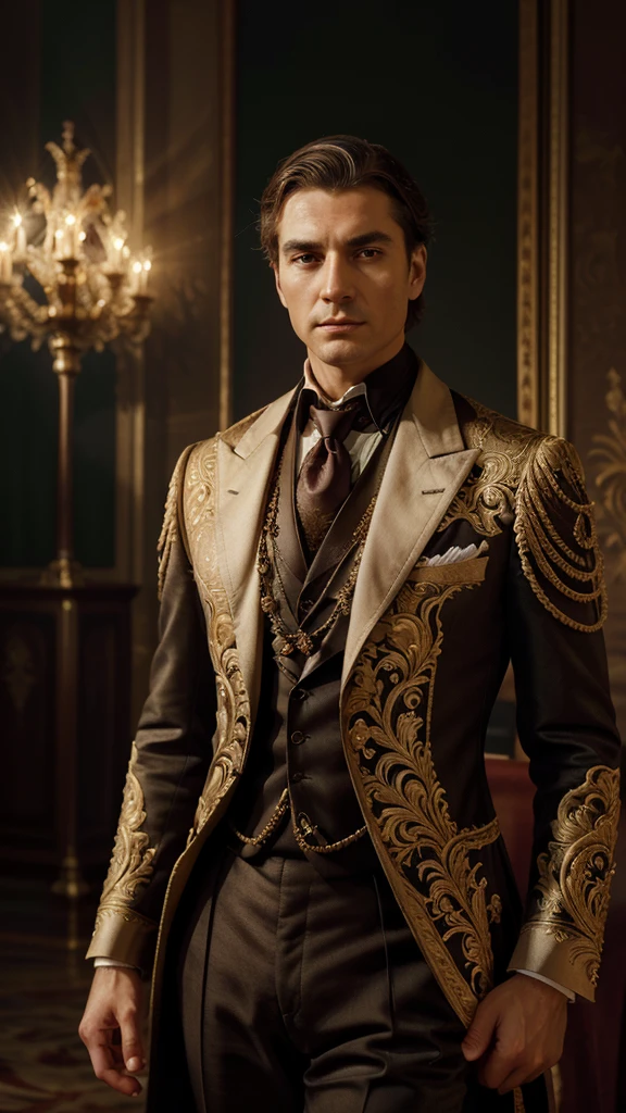 a formal portrait of a dignified person, elegant aristocrat, graceful nobleman, regal appearance, ornate clothing, dramatic lighting, detailed facial features, high-quality 8k resolution, photorealistic, masterpiece, oil painting, chiaroscuro lighting, rich colors, intricate details, aristocratic elegance, refined and dignified expression, stately pose and many