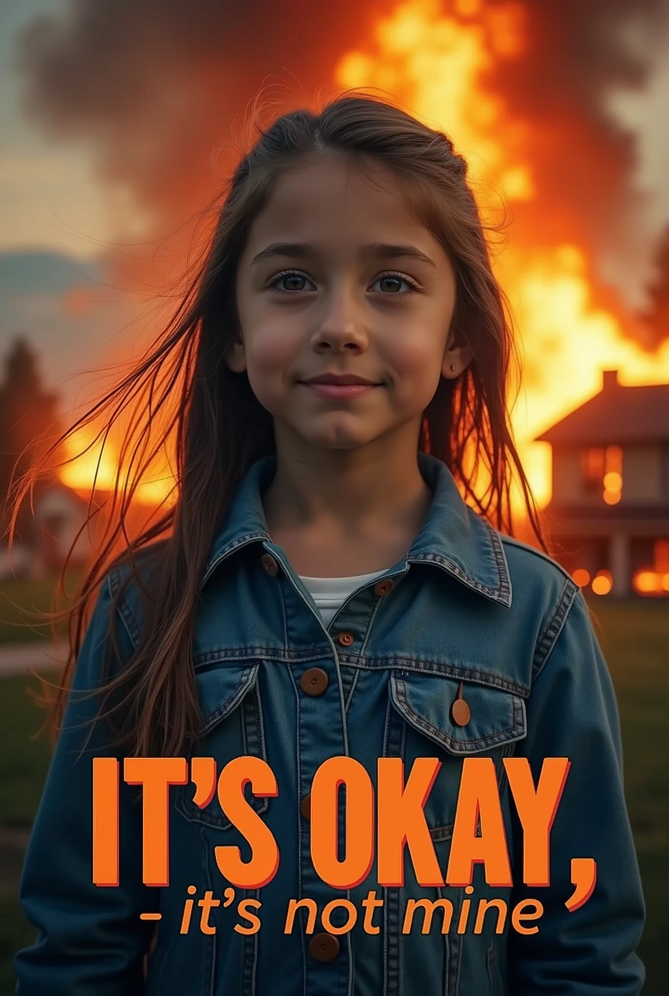 Create a striking typography poster featuring the iconic "Disaster Girl" meme. | Visualize a young girl with a stoic, slightly satisfied expression, facing the camera. In the background, a house is engulfed in flames, creating a dramatic and chaotic contrast to her calm demeanor. | The poster should prominently feature the caption: "It's okay, it's not mine," in bold, modern typography. The text should be integrated into the composition in a way that complements the image, emphasizing the dark humor of the scene. | The overall design should balance the tension between the calmness of the girl and the chaos in the background. | Use vibrant colors to highlight the flames and muted tones for the girl to create a visual hierarchy. The typography should be clear and impactful, making the caption stand out without overpowering the image. | The poster should evoke a sense of irony and dark humor, capturing the essence of the "Disaster Girl" meme in a visually engaging and memorable way.