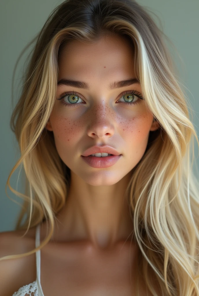 Photorealism, 20 year old girl, green eyes, long blonde hair, intricate details, freckles, portrait