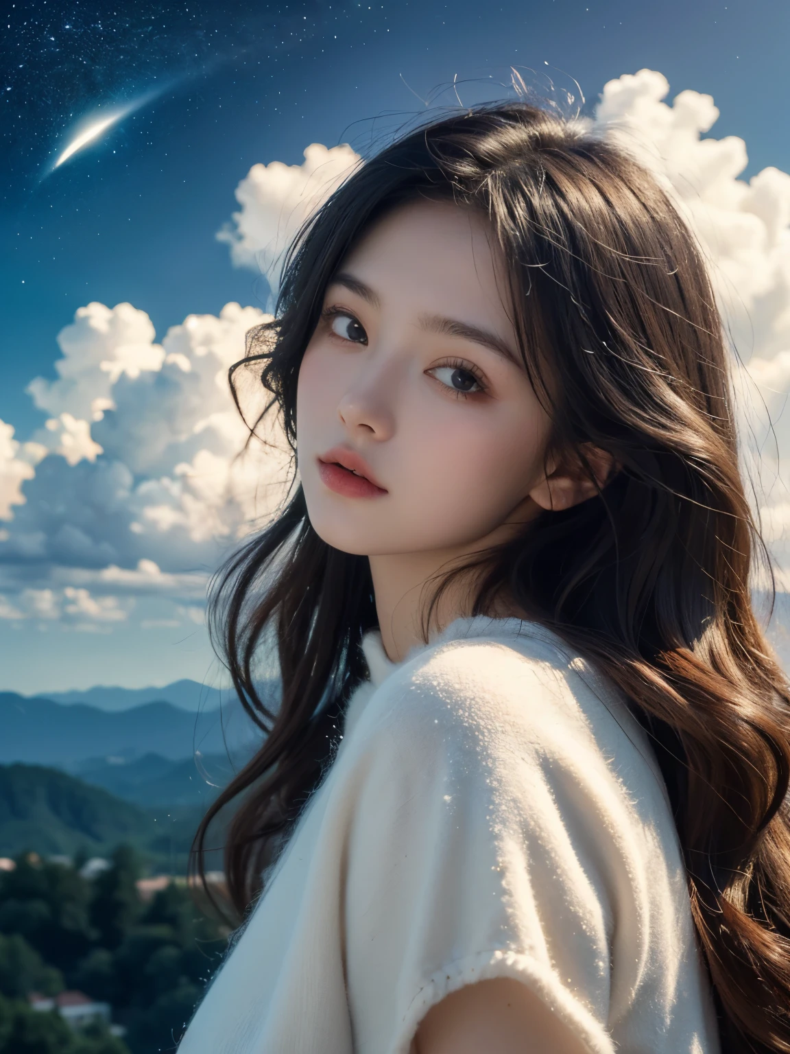 (best quality,4K,8K,high resolution,masterpiece:1.2), The girl in the cloud has fluffy hair like clouds, tiny stars, Fantasy illustration, Dreamy colors, children'Illustration style.Vibrant colors