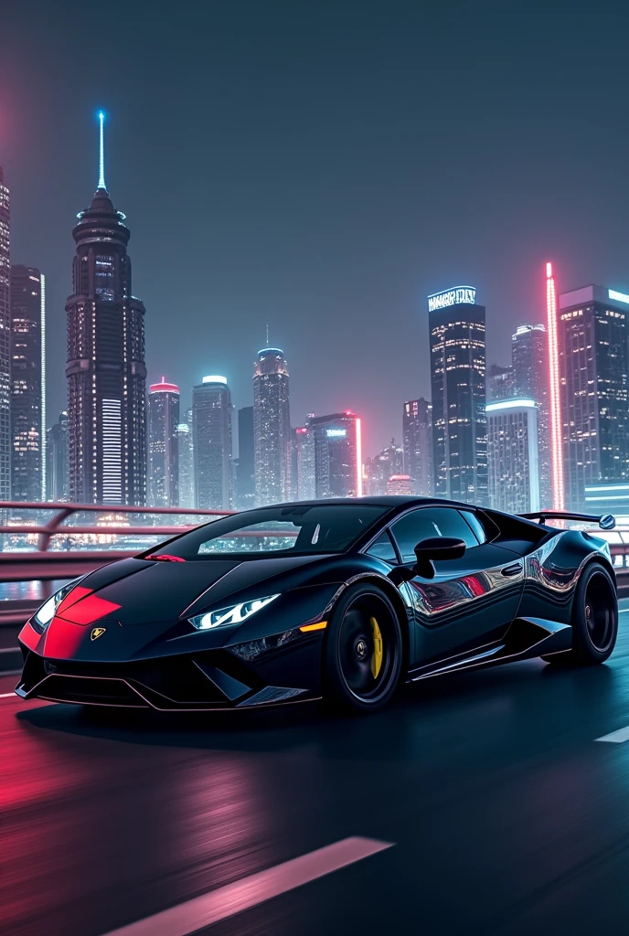 black lamborghini at night with a city at night