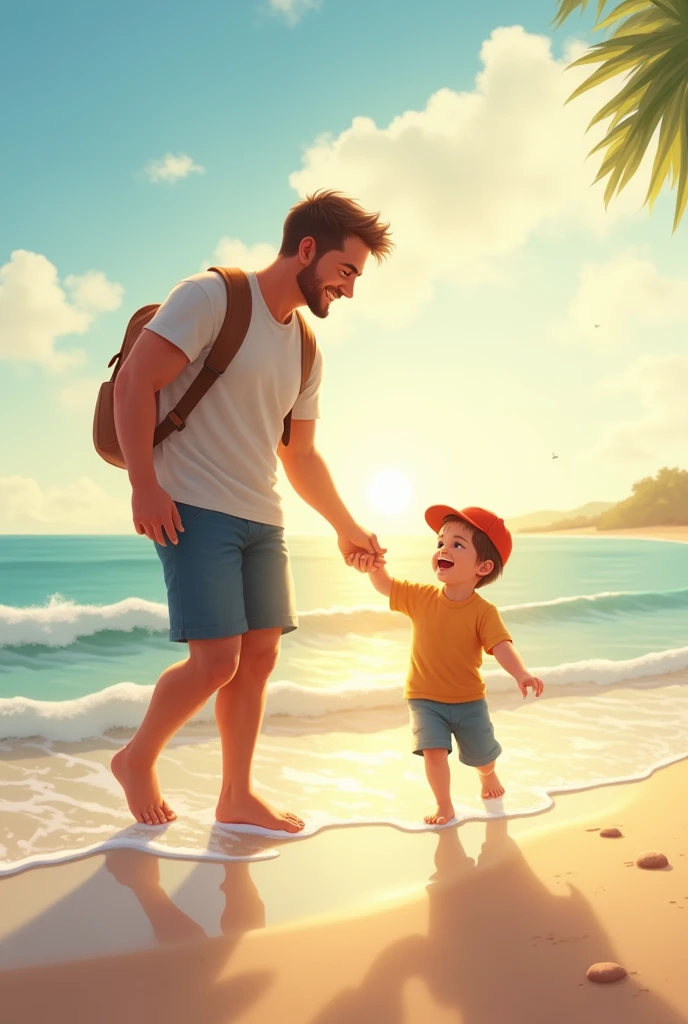 Raise a father and son on the beach

