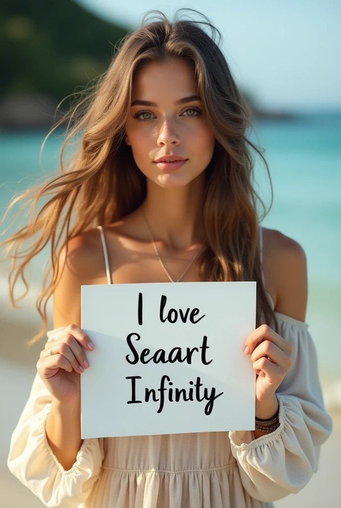 Beautiful girl with wavy long hair, bohemian dress, holding a white board with text "I Love Seaart Infinity" and showing it to the viewer