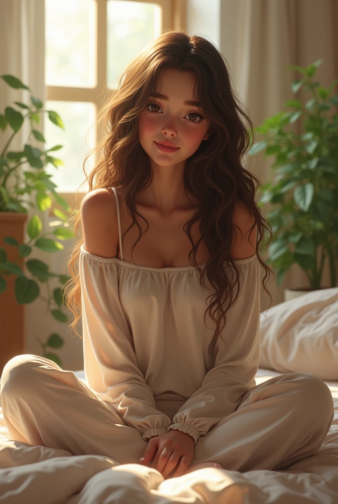 Beautiful girl sitting on bed, wearing loose off-shoulder top, pajama pants, long curly hair, indoors, soft lighting, plants in background, window with sunlight, cozy room, relaxed pose, realistic, intricate details, warm colors