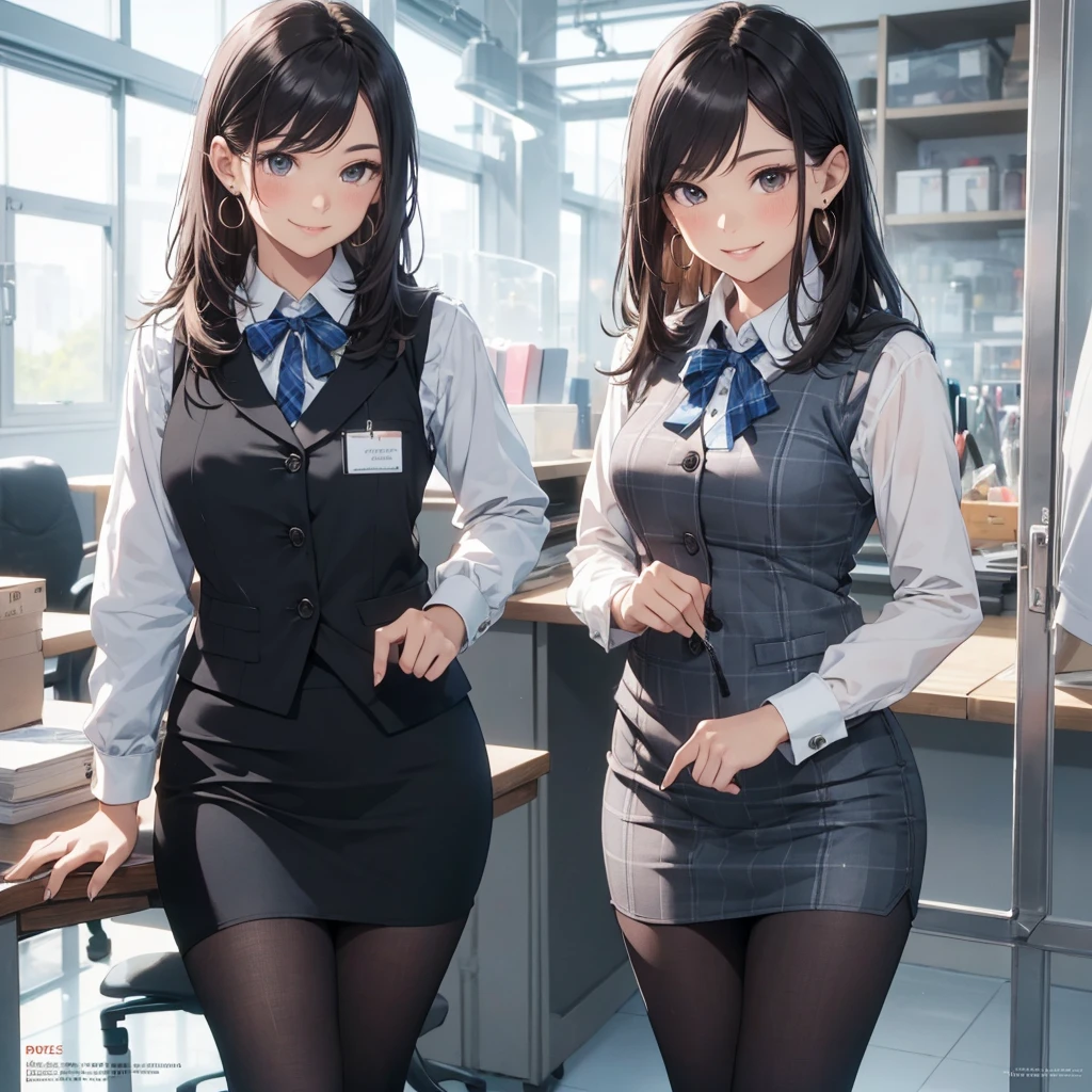 (Best Quality, Masterpiece),Wearing a pink plaid vest, White short sleeved shirt, Gray pencil skirt, Wear stiletto heels, Necklace, earrings, Cute face, Smile, Blushing, Shyness, Glass wall, Ultra Detail, Realistic, Front view, Whole body, stunning, cute, warm smile, hourglass figure, apron, text, chart, advertising, magazine title(Best Quality, Masterpiece), Mag((((1ladyl,)))) (masterpiece), (realistic), (best quality), (ultra-detailed), (wearing in [[white and gray check pattern]] Vest worn over white collared long-sleeved shirt:1.4), (gray vest with buttons:1.2), (Pink Theme:1.2), (blue ribbon ribbon:1.3), (Black theme:1.4), (Tight black pencil skirt:1.5), ((Brown pantyhose)), (high-heels:1.1),longskirt,office desk, office chair,Lulubre Unity 8K Wallpaper, pantyshot, long brown hair, office lady Magazine Cover, 1girl,  amazing, girl, 30 years old, house wiife, warm smile, hourglass figure, text, chart, advertising, magazine title