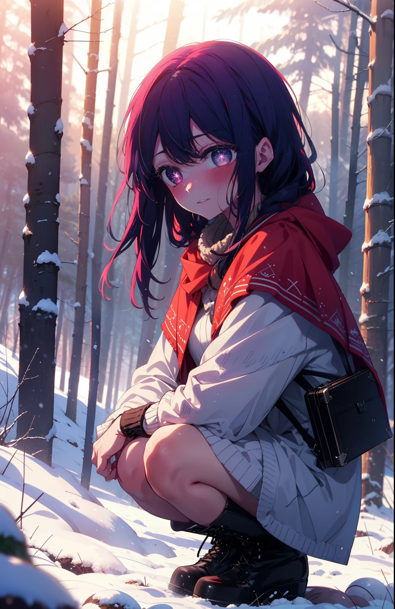 aihoshino, Ai Hoshino, Long Hair, bangs, (Purple eyes:1.1), Purple Hair, (Symbol-shaped pupil:1.5), smile,,smile,blush,white breath,
Open your mouth,snow,Ground bonfire, Outdoor, boots, snowing, From the side, wood, suitcase, Cape, Blurred, , forest, White handbag, nature,  Squat, Mouth closed, Cape, winter, Written boundary depth, Black shoes, red Cape break looking at viewer, Upper Body, whole body, break Outdoor, forest, nature, break (masterpiece:1.2), Highest quality, High resolution, unity 8k wallpaper, (shape:0.8), (Beautiful and beautiful eyes:1.6), Highly detailed face, Perfect lighting, Highly detailed CG, (Perfect hands, Perfect Anatomy),