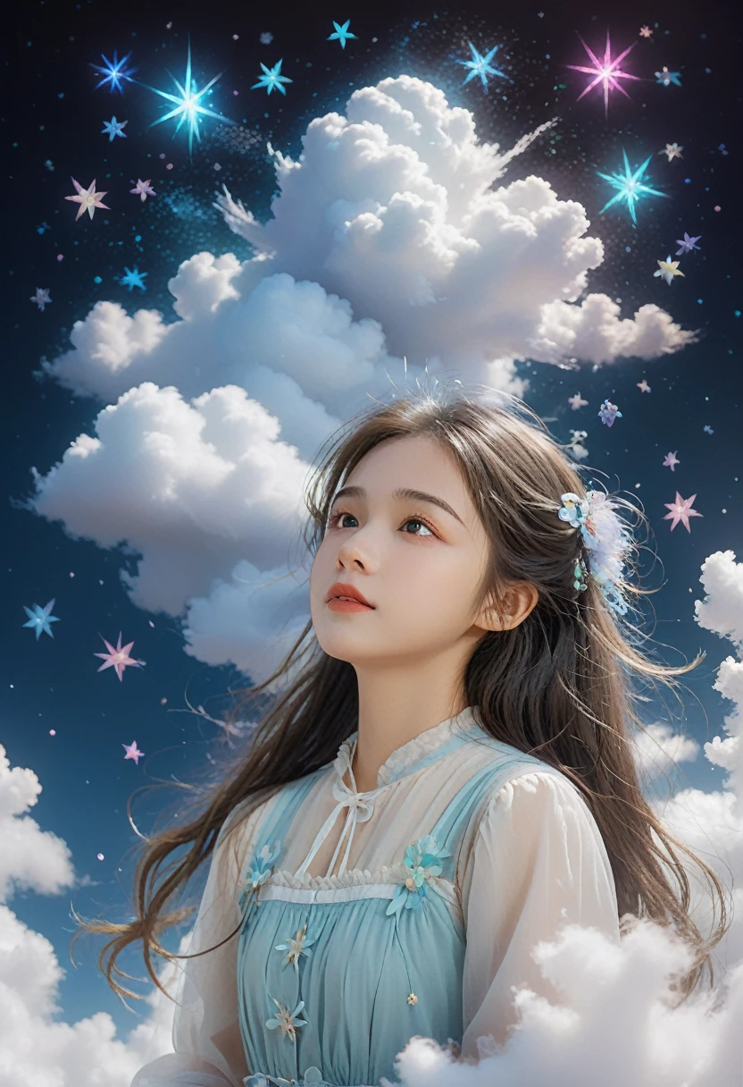 (best quality,4K,8K,high resolution,masterpiece:1.2), The girl in the cloud has fluffy hair like clouds, tiny stars, Fantasy illustration, Dreamy colors, children'Illustration style.Vibrant colors