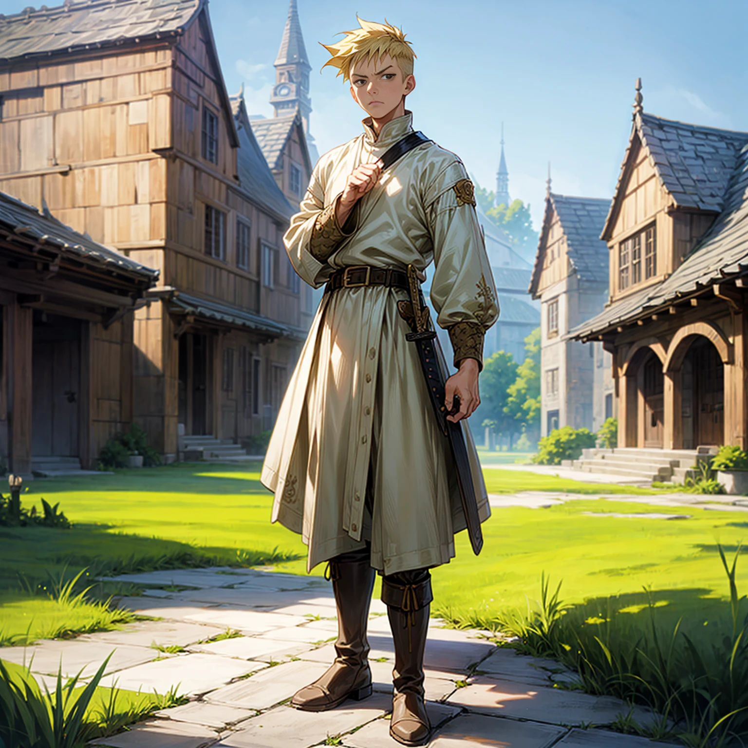 Solo character, full body version, young man, black eyes, blonde color hair, undercut hair, casual clothing, boots, belt, outdoor, village, medieval, morning, standing gesture, detailed background, detailed clothing, detailed hair, sword in hand, (one piece style art), (Bleach style art)