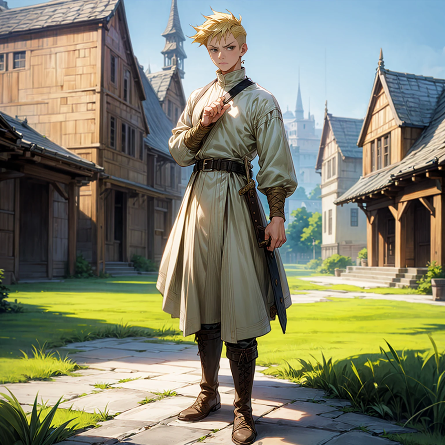 Solo character, full body version, young man, black eyes, blonde color hair, undercut hair, casual clothing, boots, belt, outdoor, village, medieval, morning, standing gesture, detailed background, detailed clothing, detailed hair, sword in hand,  (one piece style art), (Bleach style art)