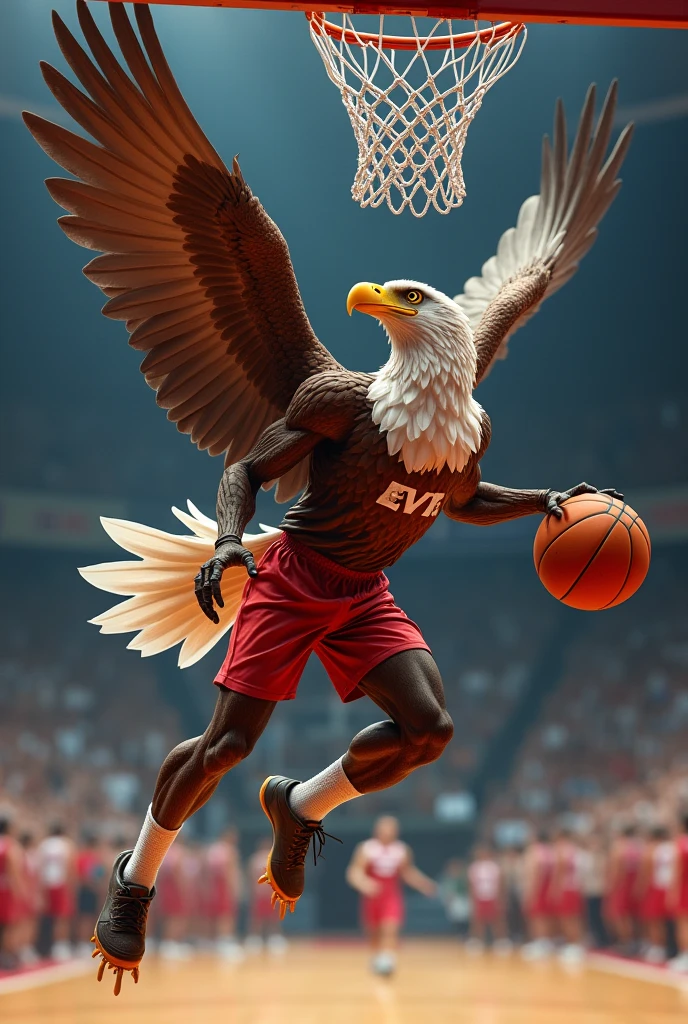 a humanoid eagle with many details such as muscle legs and wings, plays basketball and is doing a very beautiful dunk in the basket scoring a point for his team in the Olympics

