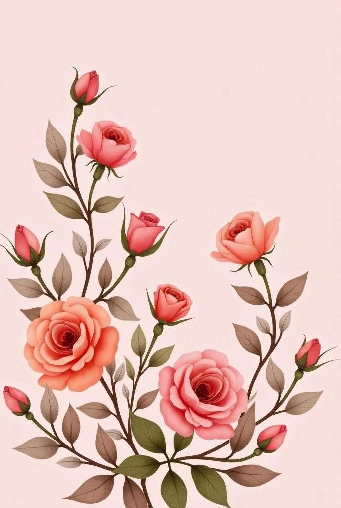 A water colour flowery print with tea pink colour background, and a lot small roses in warm suitable contrast colours. no bunches, just small roses in all image.