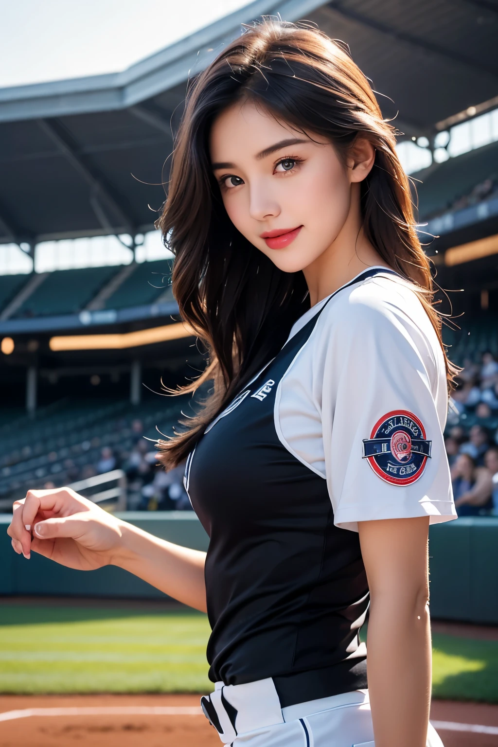 a beautiful young woman with long, silky silver hair and clear, sparkling eyes standing in a baseball stadium, wearing a tight-fitting baseball uniform with a short miniskirt that accentuates her slender, toned figure. Her face is delicately made up, with perfectly proportioned features, rosy cheeks, and lush red lips. She has a tall, elegant nose and defined, arched eyebrows. Her eyelashes are long and lush, framing her large, expressive eyes with distinct double lids. She gazes with a cute, happy smile towards the viewer, highlighting the shine and gloss on her lips. Her skin is highly detailed and flawless, with a luminous, glowing quality. The woman holds a baseball in her hand, poised to make the first pitch on the mound. The scene is captured in stunning 8K resolution, with advanced technical details, realistic photo effects, and natural soft lighting that enhances the drama and dynamism of the moment. The overall image is a breathtaking, high-quality work of digital art.