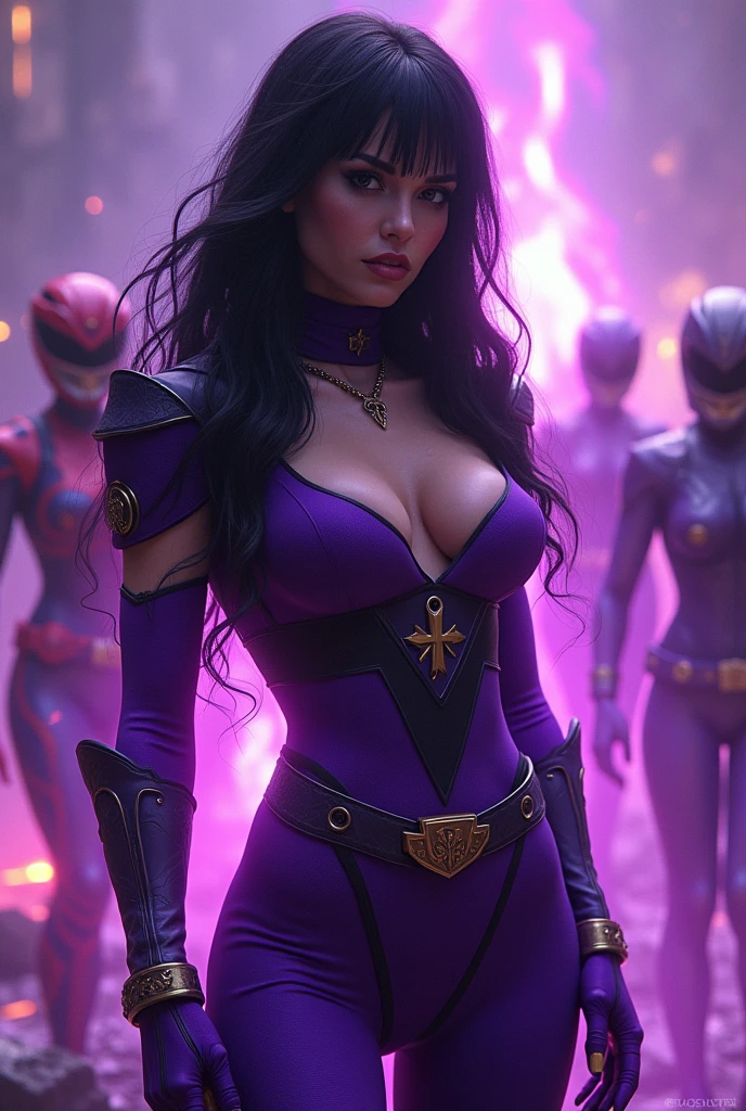 (photorealism:1.2)

Create an image of a female Power Ranger character named "Violet Vixen," who is a seductive and evil warrior. She possesses a curvaceous and perfect body, exuding a powerful and alluring presence. The character wears a Power Ranger suit with a color scheme dominantly purple, reminiscent of the mighty morphing suit design. Her suit should feature intricate details and fabric textures similar to the classic Power Ranger costume.

The character is surrounded by a radiant purple aura that emphasizes her wicked power and seductive nature. The aura should be mystical and captivating, enhancing her villainous charm. The background should be dynamic and energetic, reflecting the intense and enigmatic personality of the character.

Focus on capturing the contrast between her alluring beauty and her dark, evil nature in the image. Ensure that every detail, from the design of the suit to the expression on her face, conveys the essence of Violet Vixen as a formidable and captivating antagonist.

Her hair is jet black and alluring. 

She defeated the Power Rangers. The Power Rangers are falling on the ground in the background.

((Make Power Ranger accurate suit.))
