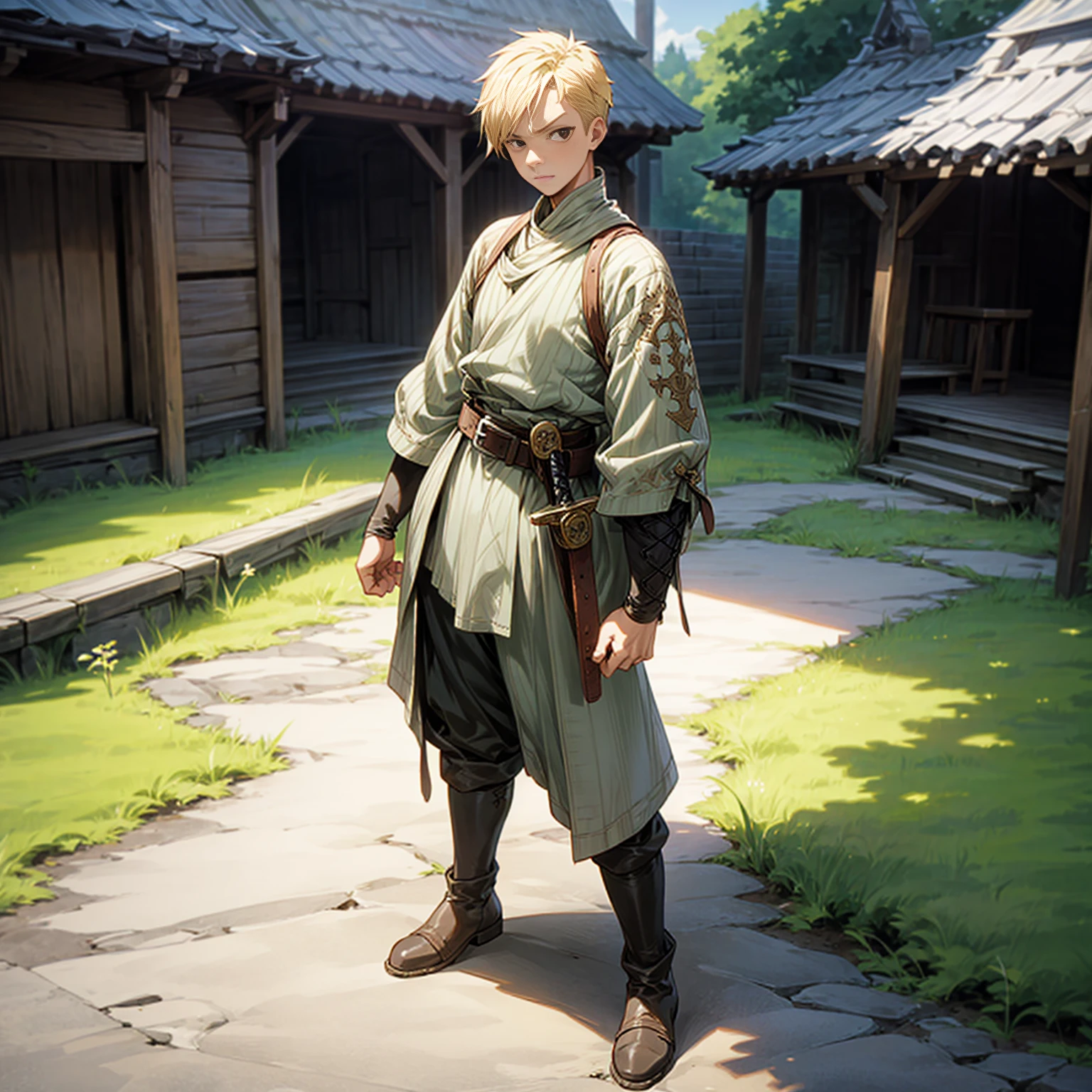 Solo character, full body version, young man, black eyes, blonde color hair, undercut hair, casual clothing, boots, belt, outdoor, village, medieval, morning, standing gesture, detailed background, detailed clothing, detailed hair, sword in hand, (one piece style art), (Bleach style art)