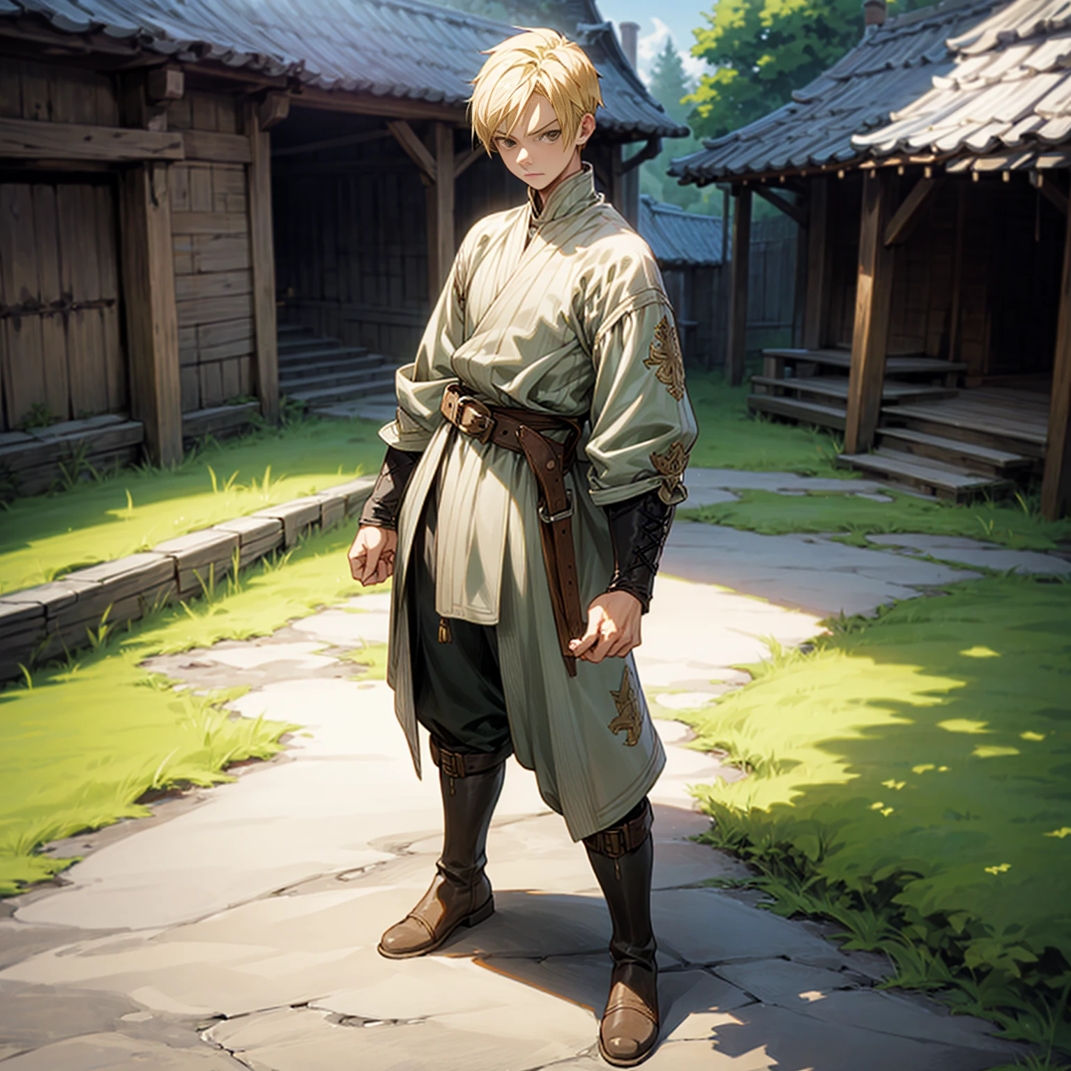 Solo character, full body version, young man, black eyes, blonde color hair, undercut hair, casual clothing, boots, belt, outdoor, village, medieval, morning, standing gesture, detailed background, detailed clothing, detailed hair, sword in hand, (one piece style art), (Bleach style art)