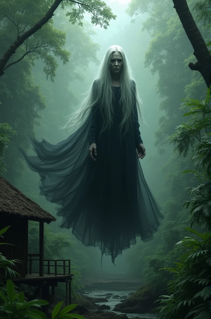 Ghostly old woman with silver hair covering her entire face , wearing a black dress and she is floating above a stilt house in the Amazon rainforest