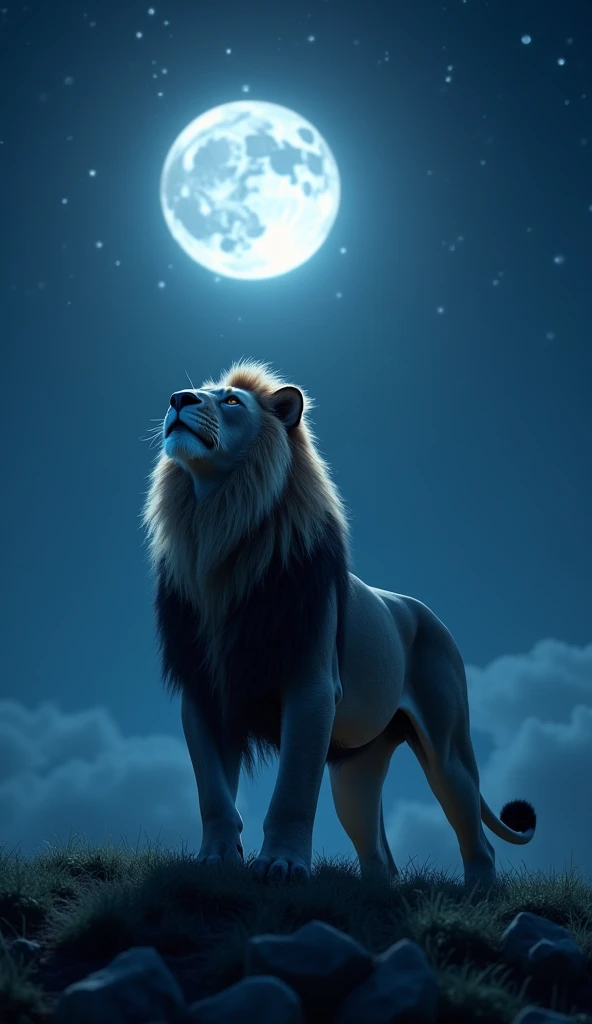 Create an 8k high-resolution, hyper-realistic image of a powerful lion gazing up at the night sky, illuminated by a bright, beautiful full moon. The lion, with its thick mane subtly glowing in the moonlight, should be positioned in a natural landscape—such as a grassy plain or rocky outcrop—enhanced by the soft, silvery light of the moon. The night sky should be clear, dotted with stars, with the full moon as the focal point. The overall atmosphere should be peaceful and majestic, emphasizing the lion's strength and serenity under the glowing moonlit sky.