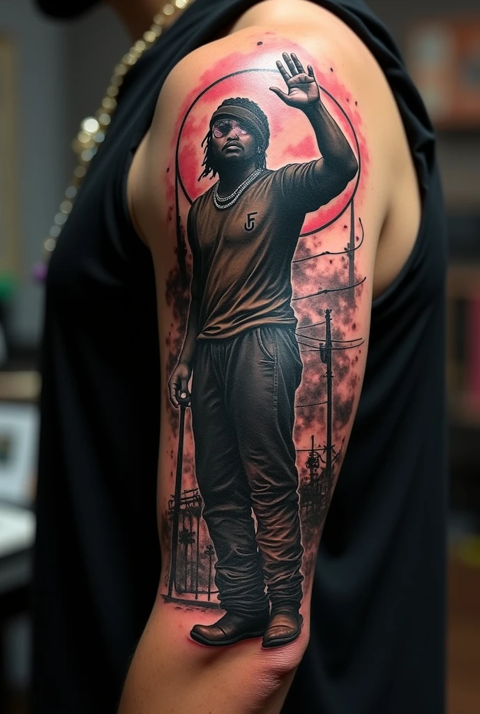 Create me a tattoo for my right arm that symbolizes Bryan Myers' music and trap in general, including Anuel and the best of the trap franchise.