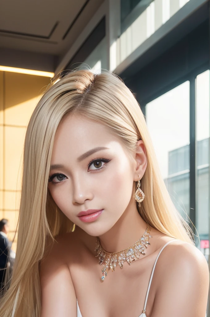 (masterpiece:1.4), (best quality:1.4), ultra high res, ultra high resolution, ((detailed facial features)), HDR, (realistic, photorealistic, photo-realistic:1.37), closeup, sexy seductive Thai woman, (seductive smile), long lashes, beautiful dramatic makeup, platinum blonde hair, fair skin, slender figure, elegant posture, wearing large sparkling colorful jewelry, wearing a business style leather dress, standing in a large shopping mall, gentle sunlight shining through the shopping mall windows, casting a soft glow on her face, adding warmth to the scene, vibrant colors, capturing the essence of vibrant city life, portrait style, showcasing her natural beauty and grace in a feminine way