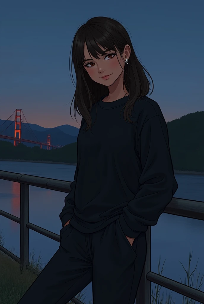 create an image of me. I'm brown, I have straight hair, which its color is brown. My eyes are brown, and I'm wearing black joggers and a black top. I'm using a black Kenner. I'm posing in a landscape near a bridge.
My hairstyle is a social cut, with bangs. Hair passes through the eye. About the landscape, I'm leaning against a railing next to a bridge (That's the night)
I'm 16 years old