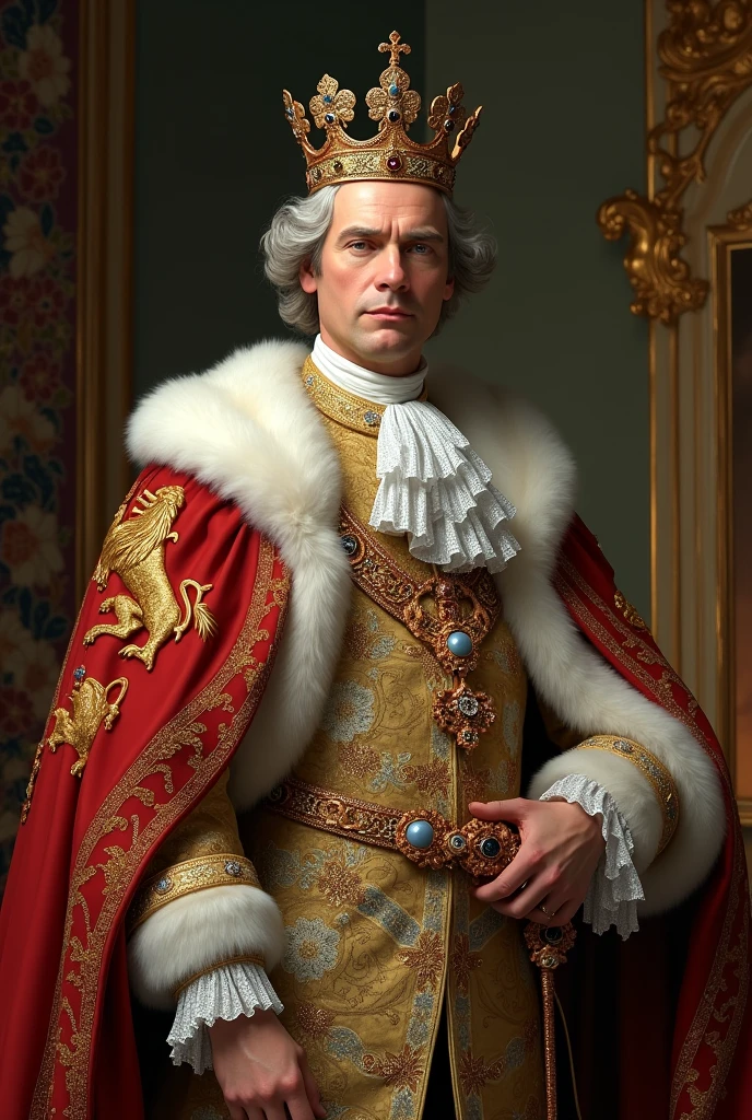 An image of King Louis XVI in his pompous attire replacing the fleur-de-lis with a lion like the one on Peugeot