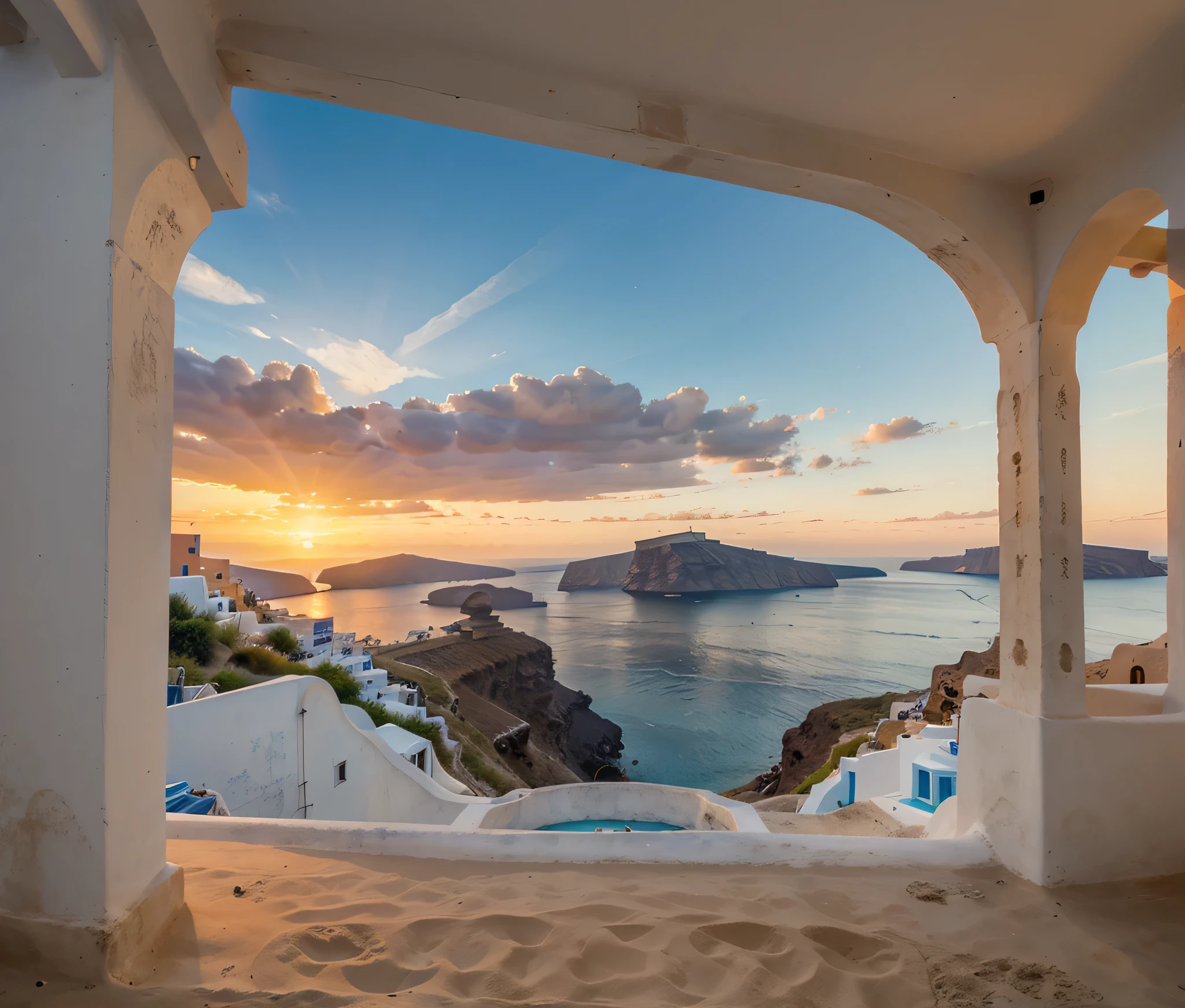 From the beach in Santorini, artwork, Sunset, sunset over the sea