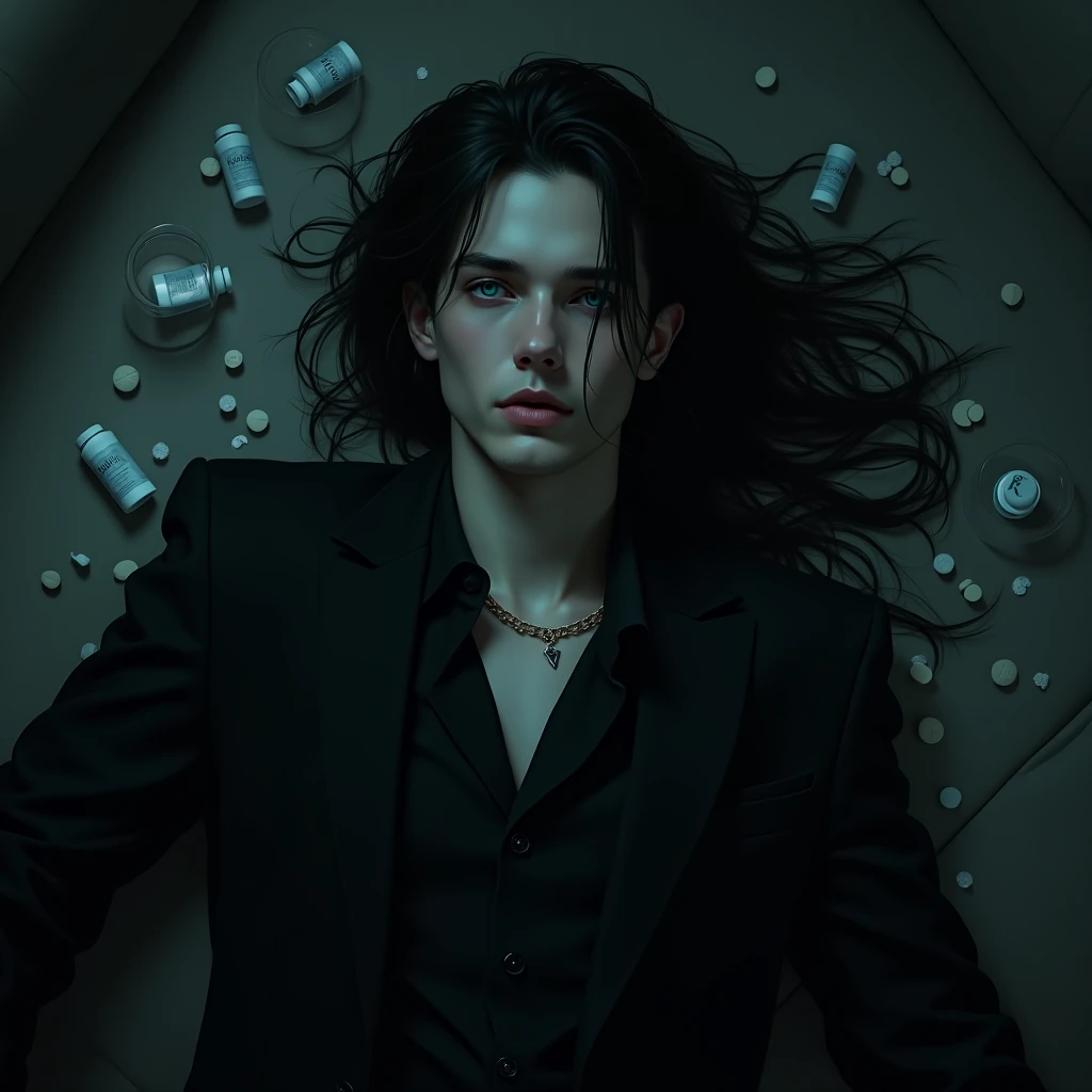 A sexy male with delicate facial features, black long hair, and teal blue eyes with all-black gothic clothes. He is lying on a couch while smoking a cigarette. He looks all gloomy. Beers, wine, and antidepressants spilled everywhere. (Gloomy atmosphere) No facial hair (Mysterious atmosphere)