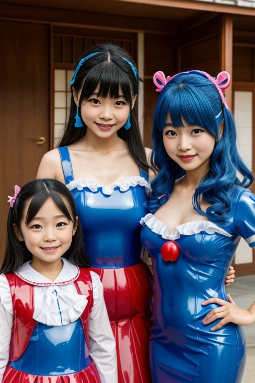 Live Action　A Japanese kindergarten girl and two researchers　Wearing a blue rubber dress　Mermaid.　Clown Makeup　latex　Blue face