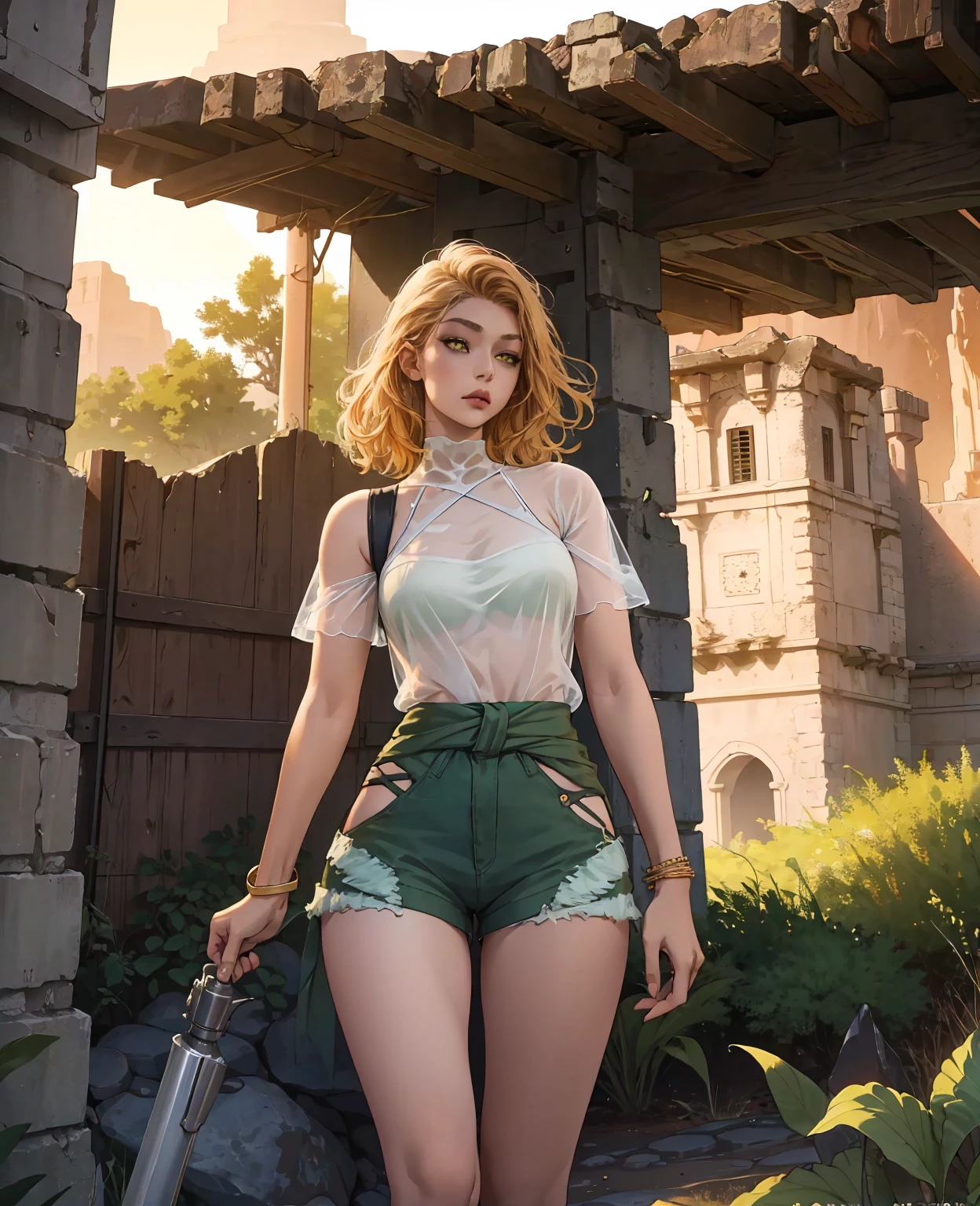 Bright shot: 1.3), epic realistic, yellow eyes, girl raider, (one girl), light gray non-transparent short sleeve top, transparent fabric at the waist, wavy hair 1.4, (dark blue hair), short hair, dark blue and orange color scheme, (light green shorts), aesthetics of wasteland and canyons!!! n ruins, soft cinematic light, Adobe Lightroom, darkroom, HDR, intricacy, green bracelets on the arms, straps from red thrings over transparent fabric at the waist, thong under shorts