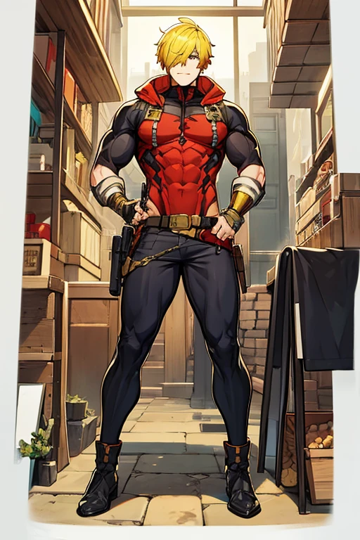 man, muscular, gay, short yellow hair covering her eyes, Red hood, vigilante